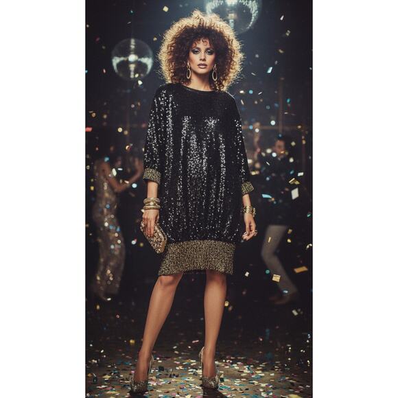 Lillie Rubin Sequin Bubble Dress 80s Black Gold sz Small - Picture 14 of 16
